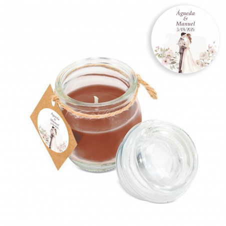 Candela aromatica profumo di caffè in barattolo di vetro personalizzato con adesivo per matrimoni