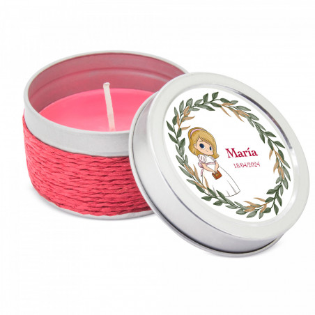 Candela aromatica in scatola decorata con corda e coperchio personalizzato per comunione bambina