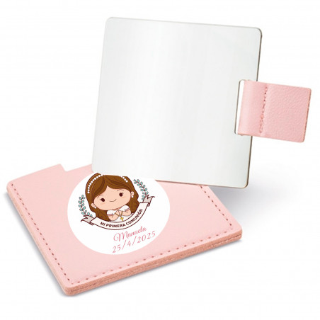 Specchio con astuccio rosa e adesivo prima comunione bambina da regalare