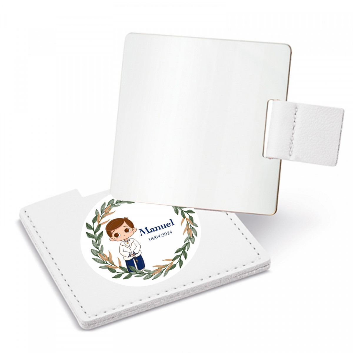 Specchio con astuccio bianco e adesivo prima comunione bambino da regalare