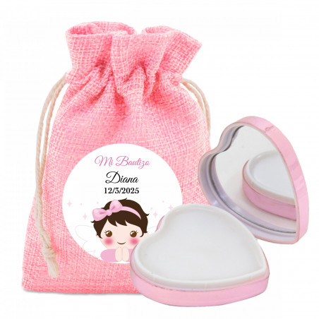 Balsamo labiale a forma di cuore in sacchetto rosa personalizzato con battesimo di bambina