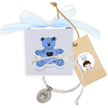 Bracciale con medaglia d'angelo in scatola con orsetto blu in rilievo personalizzata per dettagli battesimo bambino
