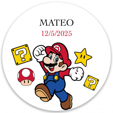 Adesivo super mario rotondo da 5 cm per personalizzazione.