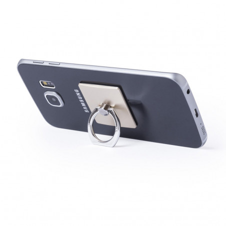 Supporto anello per cellulare presentato in una borsa in feltro e adesivo personalizzato per matrimoni