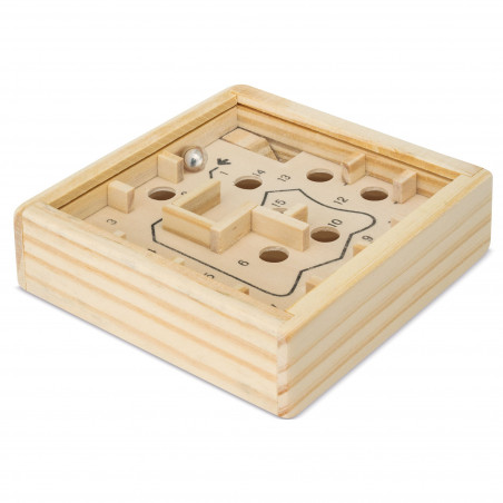 Labirinto di legno con biglie presentato in un sacchetto di kraft