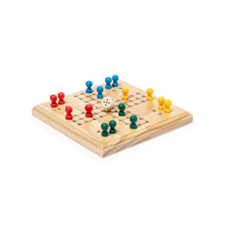 Ludo in legno in sacchetto di cotone con adesivo di ringraziamento per i dettagli