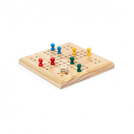 Ludo in legno in sacchetto di cotone con adesivo di ringraziamento per i dettagli