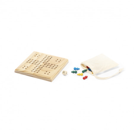 Ludo in legno in sacchetto di cotone con adesivo di ringraziamento per i dettagli