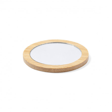 Specchio rotondo in legno con adesivo personalizzato per la comunione della bambina, in un sacchetto di stoffa ideale come