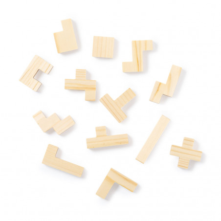 Tetris in legno presentato in una scatola personalizzata con adesivo di compleanno