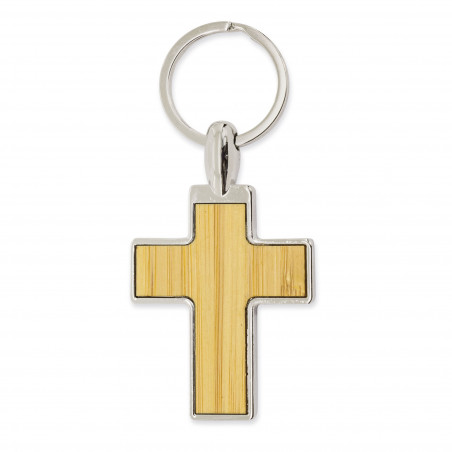 Portachiavi a forma di croce in metallo con bambù in scatola personalizzata con adesivo di battesimo per regalo