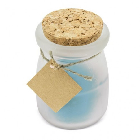 Candela aromatica blu con tappo in sughero e biglietto personalizzato per Comunione di bambina