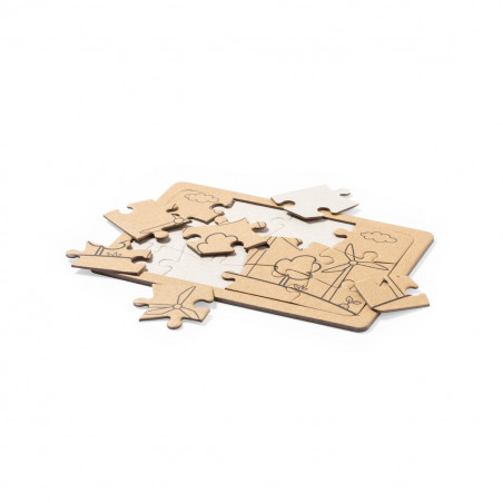 Puzzle ecologici presentati in scatola con adesivo personalizzabile per i dettagli.