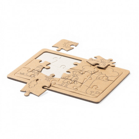 Puzzle ecologici presentati in scatola con adesivo personalizzabile per i dettagli.