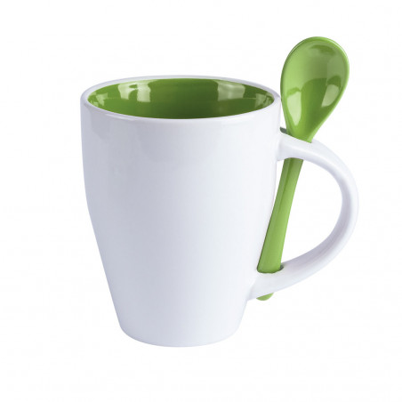 Tazza in ceramica con cucchiaio verde personalizzato e adesivo per bambino di Comunione