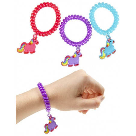 Braccialetto di unicorno e bollicine in sacchetto di organza viola con etichetta di unicorno per gli invitati