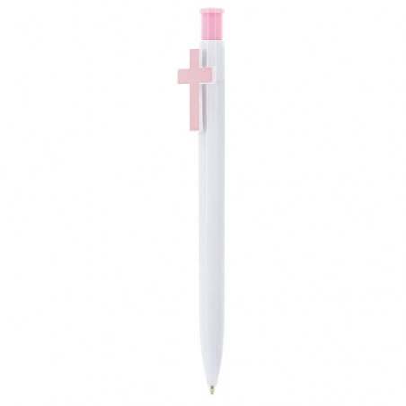 Penna personalizzata per battesimo con croce rosa e dettaglio di angioletto in vinile trasparente
