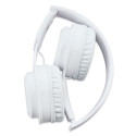 Cuffie Bluetooth bianche pieghevoli in custodia in stoffa con etichetta e adesivo personalizzabile da regalare