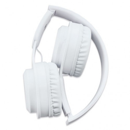 Cuffie Bluetooth bianche pieghevoli in custodia in stoffa con etichetta e adesivo personalizzabile da regalare
