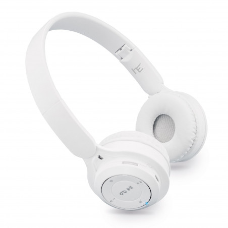 Cuffie Bluetooth bianche pieghevoli in custodia in stoffa con etichetta e adesivo personalizzabile da regalare