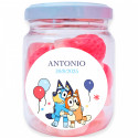 Barattolo di caramelle con fragole di panna e adesivo personalizzabile dettaglio perfetto per eventi