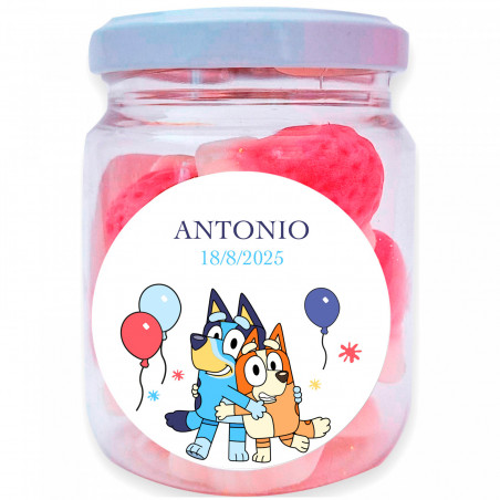 Barattolo di caramelle con fragole di panna e adesivo personalizzabile dettaglio perfetto per eventi
