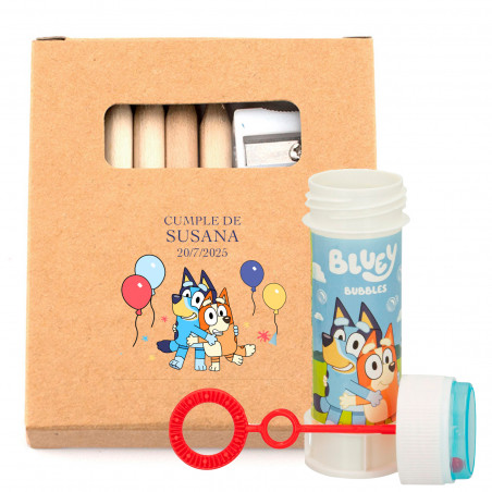 Estuche personalizzabile con fogli e matite colorate con bollicinatore bluey per dettagli eventi