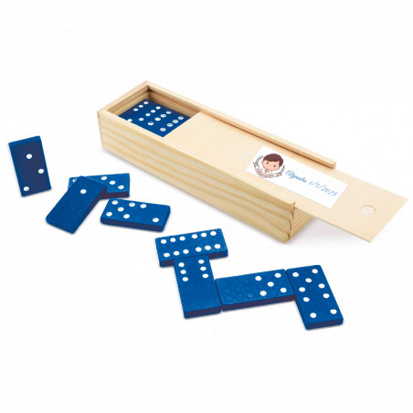 Dominó con pezzi blu in scatola di legno e adesivo personalizzabile per dettagli della prima comunione