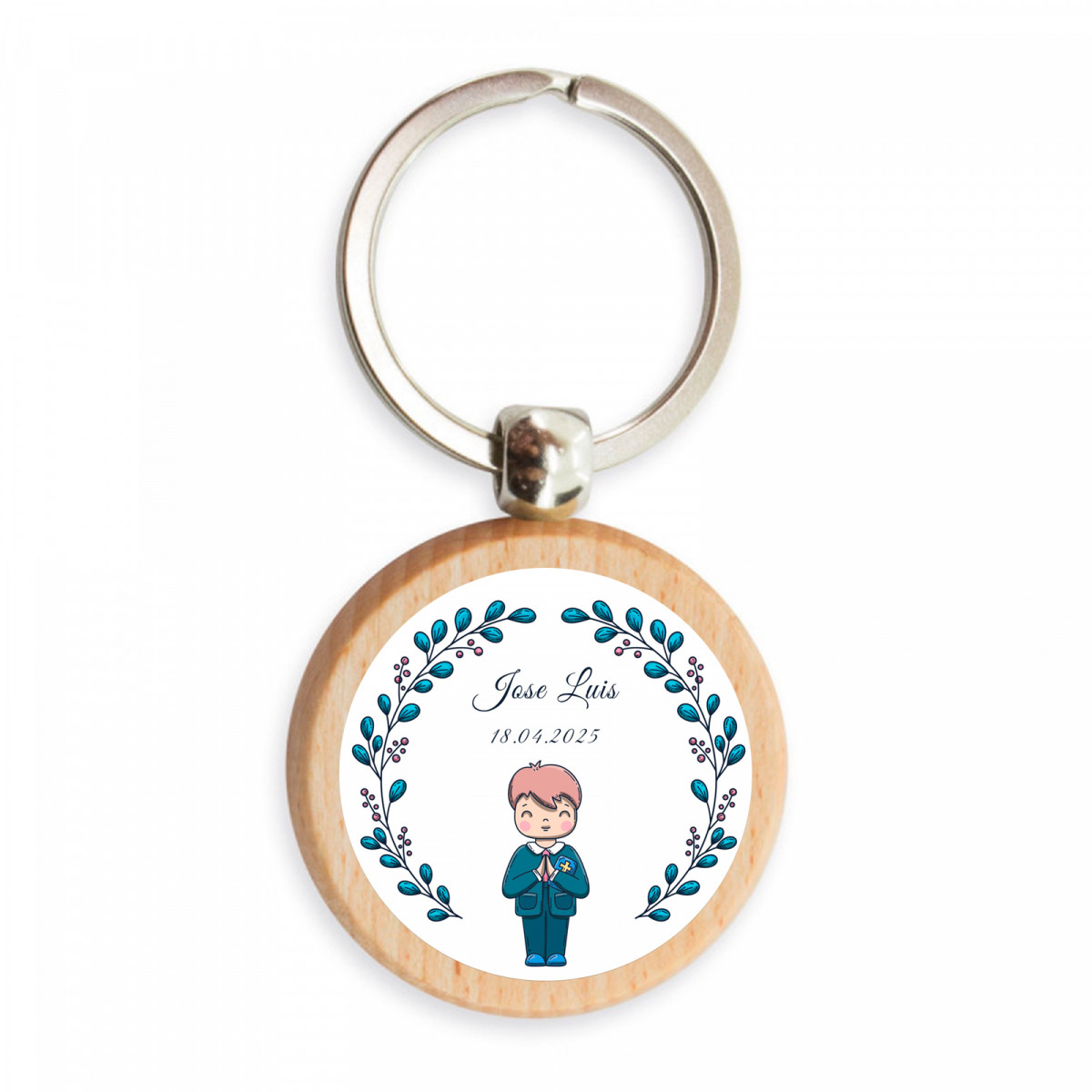 Portachiavi in bambù con tenero adesivo per bambini personalizzabile per dettagli di prima comunione