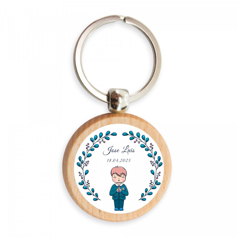 Portachiavi in bambù con tenero adesivo per bambini personalizzabile per dettagli di prima comunione