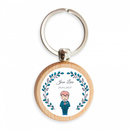 Portachiavi in bambù con tenero adesivo per bambini personalizzabile per dettagli di prima comunione