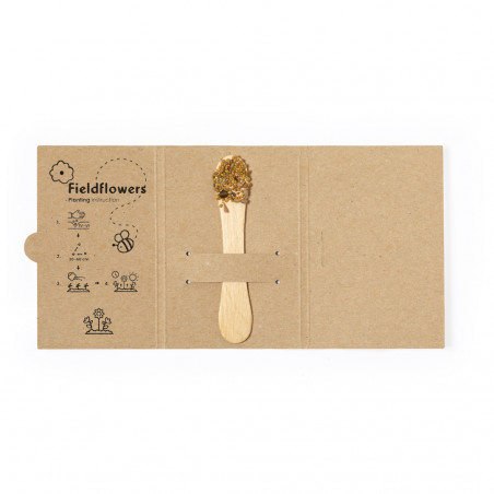 Semi di fiori di campo su bastoncini da piantare con adesivi personalizzabili ideali come regalo.