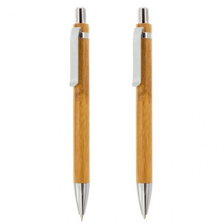 Set di scrittura con penna a sfera e portamine in astuccio di bambù con adesivo personalizzato per matrimoni