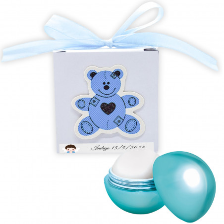 Balsamo labiale blu in scatola con orsetto in rilievo personalizzato per dettagli di battesimo