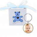 Portachiavi metallico con foto personalizzabile in scatola blu decorativa per dettagli di battesimo