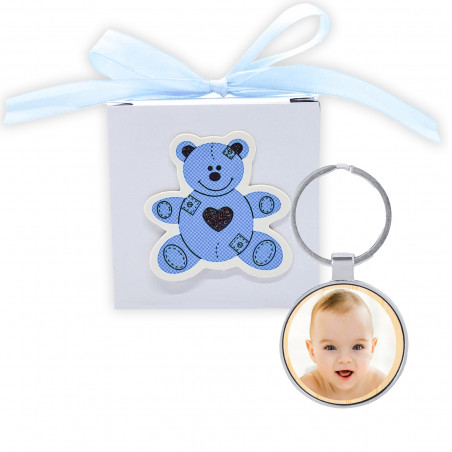 Portachiavi metallico con foto personalizzabile in scatola blu decorativa per dettagli di battesimo