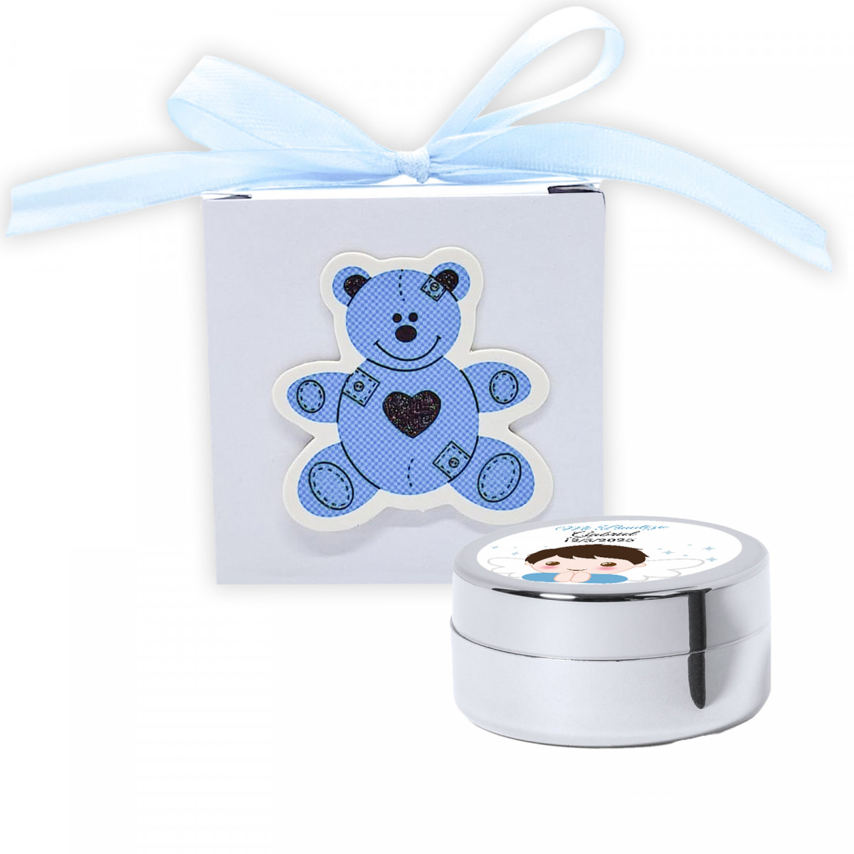 Lucidalabbra idratante in scatola con fiocco e orsetto blu per battesimi con adesivo personalizzato