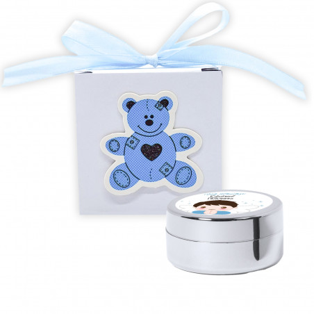 Lucidalabbra idratante in scatola con fiocco e orsetto blu per battesimi con adesivo personalizzato