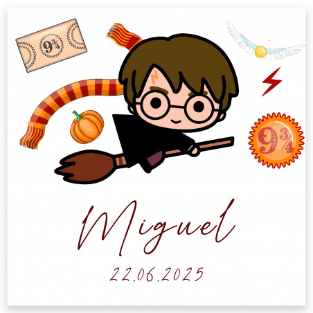 Adesivo quadrato 5x5cm ispirato a Harry Potter personalizzato con nome e data