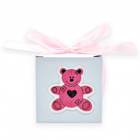 Confetti color pastello in scatola con orsetto rosa e adesivo personalizzato per battesimo bambina
