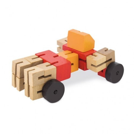 Gioco di abilità transformer in legno in sacchetto di kraft rosso e adesivo per compleanni