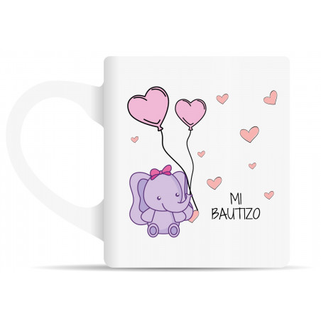 Tazza con motivo di elefante rosa e etichetta personalizzata per battesimo bebé
