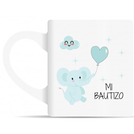 Tazza in ceramica con motivo di elefante celeste e etichetta personalizzata per battesimo bebé