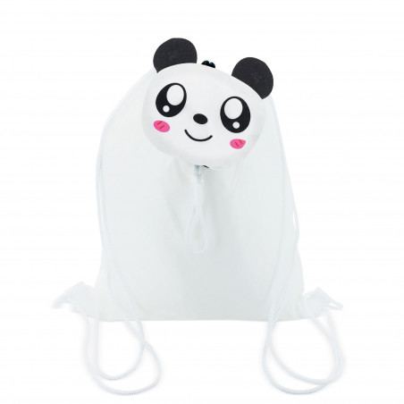 Zaino pieghevole per bambini con orsetto panda e penna con pompon abbinato
