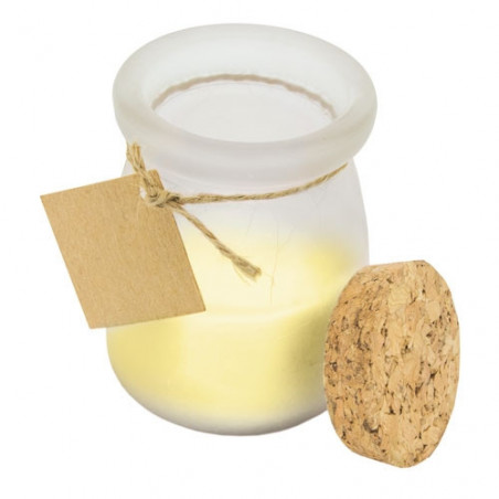Candela aromatica al cocco con etichetta personalizzata colomba per omaggio agli ospiti