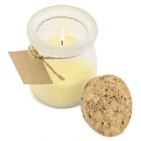 Candela aromatica al cocco con etichetta personalizzata colomba per omaggio agli ospiti