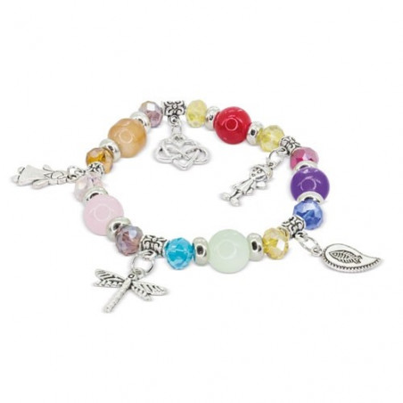 Braccialetto con perline colorate e charm in borsa di stoffa rosa e adesivo speciale per comunione bambina