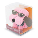 Asciugamano rosa a forma di cane in scatola personalizzata con adesivo di battesimo per bambina