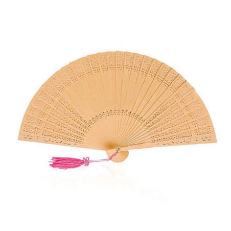 Ventaglio di legno con pompon rosa personalizzato per gli ospiti