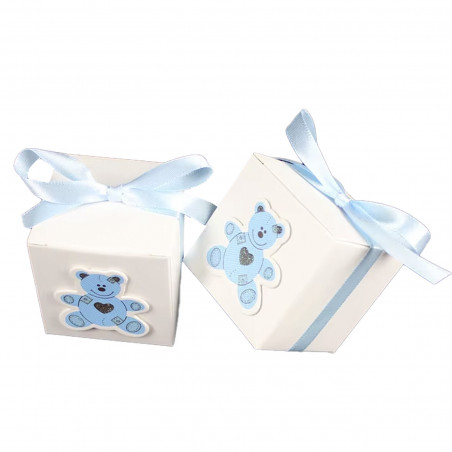 Balsamo labiale blu in scatola con orsetto in rilievo personalizzato per dettagli di battesimo